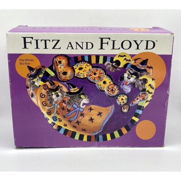 Fitz & Floyd Kitty Witches Bowl Halloween Treats Candy Dish Party Platter w Box - Picture 5 of 7